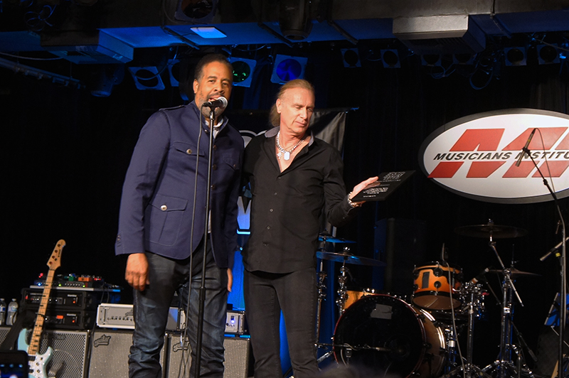 The two EBS Signature Pedal Artists - Stanley Clarke who presented the award to Billy Sheehan.